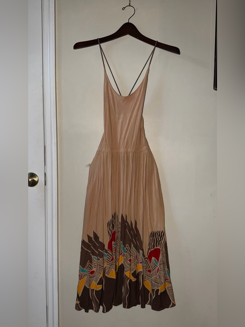 Vintage 1970s Ragtime Border Print Maxi Dress Boho Sundress